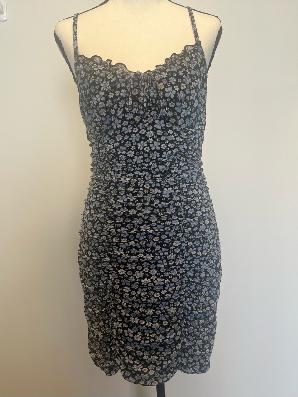 H&M Divided‎ Floral Ruched Mini Dress Black Blue Ditsy Mesh Bodycon Tie Front M
